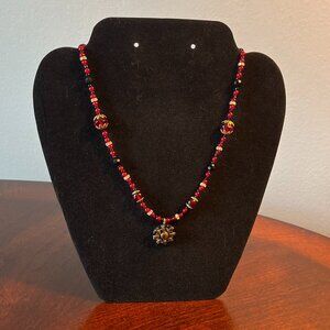 Handmade Beaded Necklace - Red with Black & Gold Accents